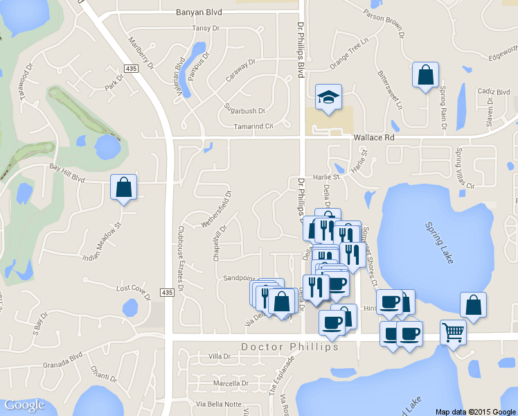 map of restaurants, bars, coffee shops, grocery stores, and more near 7460 Sugar Bend Drive in Orlando