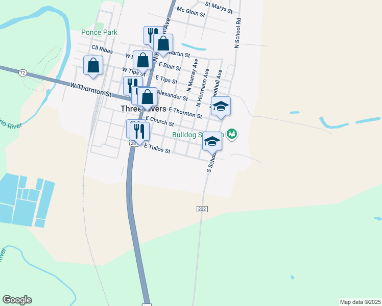 map of restaurants, bars, coffee shops, grocery stores, and more near 509A East Tullos Street in Three Rivers