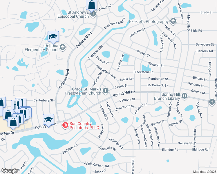 map of restaurants, bars, coffee shops, grocery stores, and more near 8356 Peoria Street in Spring Hill