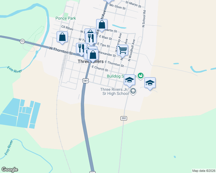map of restaurants, bars, coffee shops, grocery stores, and more near 408 East Tullos Street in Three Rivers