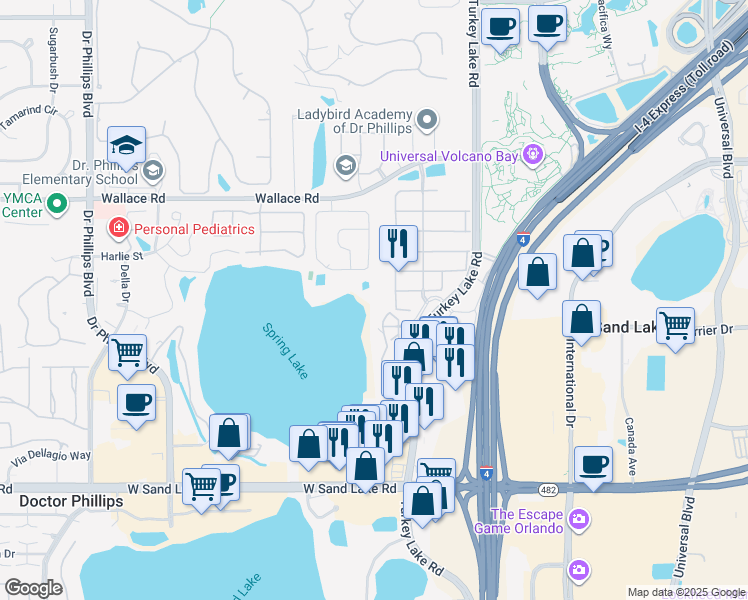 map of restaurants, bars, coffee shops, grocery stores, and more near 7508 Toscana Boulevard in Orlando