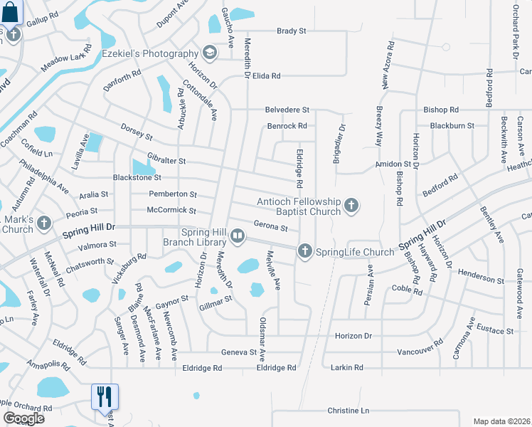 map of restaurants, bars, coffee shops, grocery stores, and more near 9252 Sanborn Street in Spring Hill