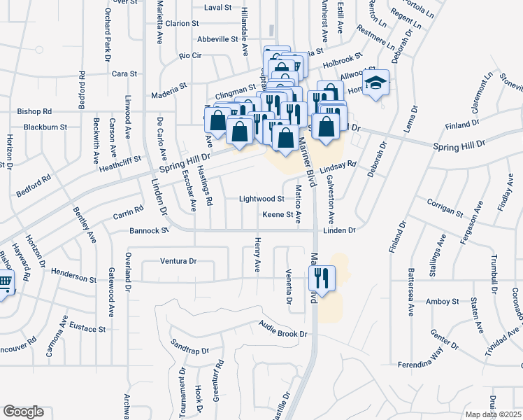 map of restaurants, bars, coffee shops, grocery stores, and more near 11374 Linden Drive in Spring Hill