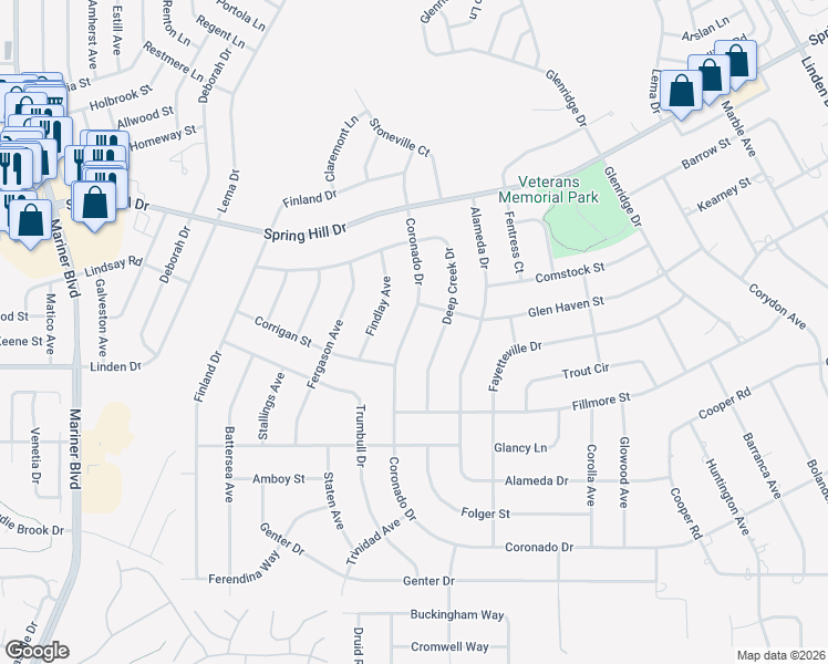 map of restaurants, bars, coffee shops, grocery stores, and more near 12351 Coronado Drive in Spring Hill