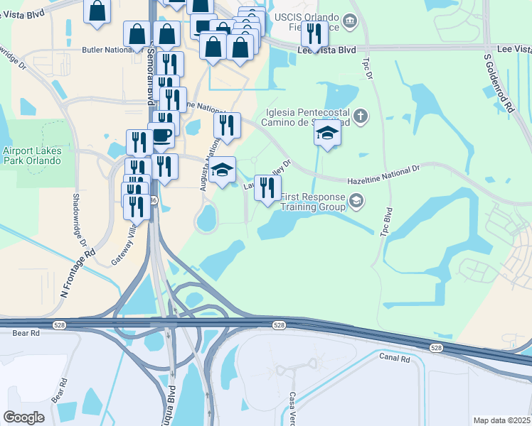 map of restaurants, bars, coffee shops, grocery stores, and more near 7453 T G Lee Boulevard in Orlando