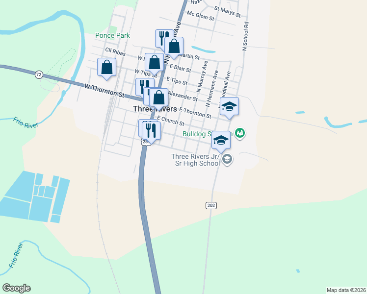 map of restaurants, bars, coffee shops, grocery stores, and more near 401 East Le Roy Street in Three Rivers