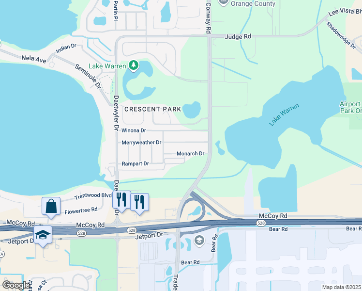 map of restaurants, bars, coffee shops, grocery stores, and more near 4015 Merryweather Drive in Orlando