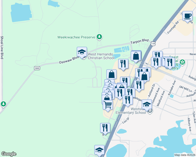 map of restaurants, bars, coffee shops, grocery stores, and more near 1424 Cross Bow Lane in Spring Hill