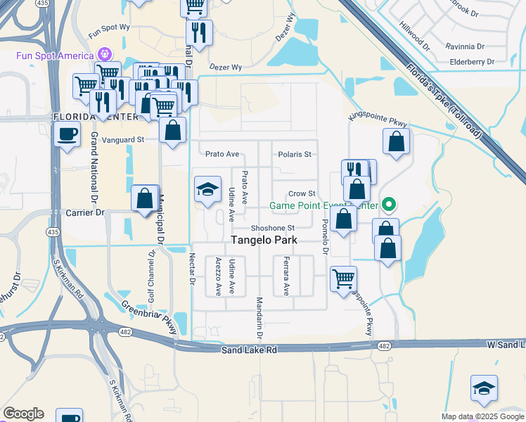 map of restaurants, bars, coffee shops, grocery stores, and more near 7301 Mandarin Drive in Orlando