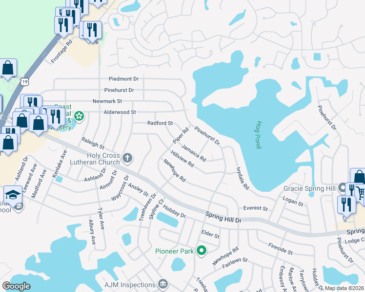 map of restaurants, bars, coffee shops, grocery stores, and more near 6375 Jamaica Road in Spring Hill