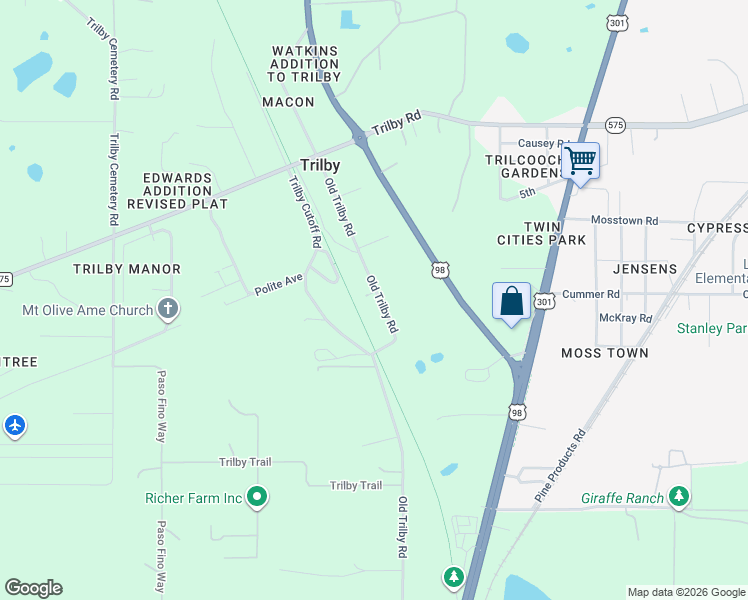map of restaurants, bars, coffee shops, grocery stores, and more near 20600 Old Trilby Road in Dade City