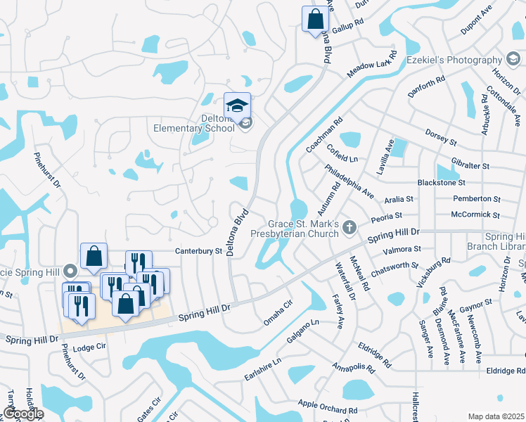 map of restaurants, bars, coffee shops, grocery stores, and more near 8163 Giffen Lane in Spring Hill