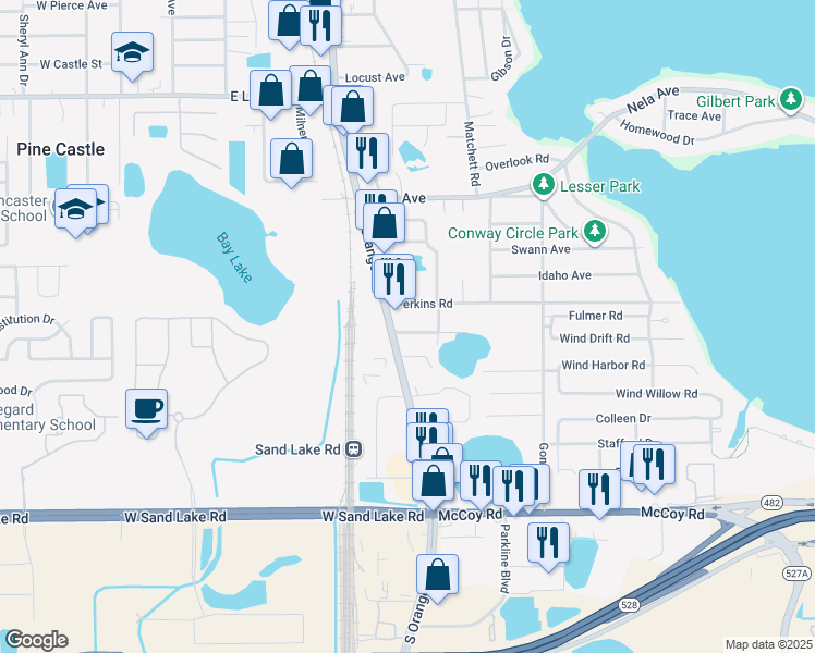 map of restaurants, bars, coffee shops, grocery stores, and more near 1032 Perkins Road in Orlando