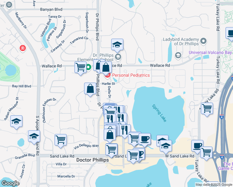 map of restaurants, bars, coffee shops, grocery stores, and more near 7233 Della Drive in Orlando