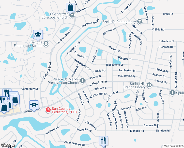 map of restaurants, bars, coffee shops, grocery stores, and more near 8430 Philadelphia Avenue in Spring Hill