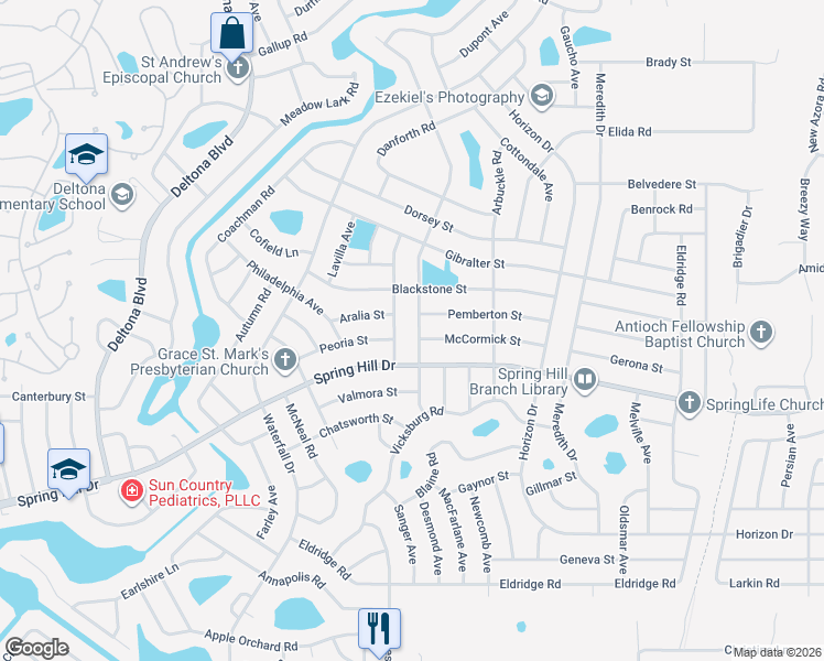 map of restaurants, bars, coffee shops, grocery stores, and more near 9002 Pemberton Street in Spring Hill