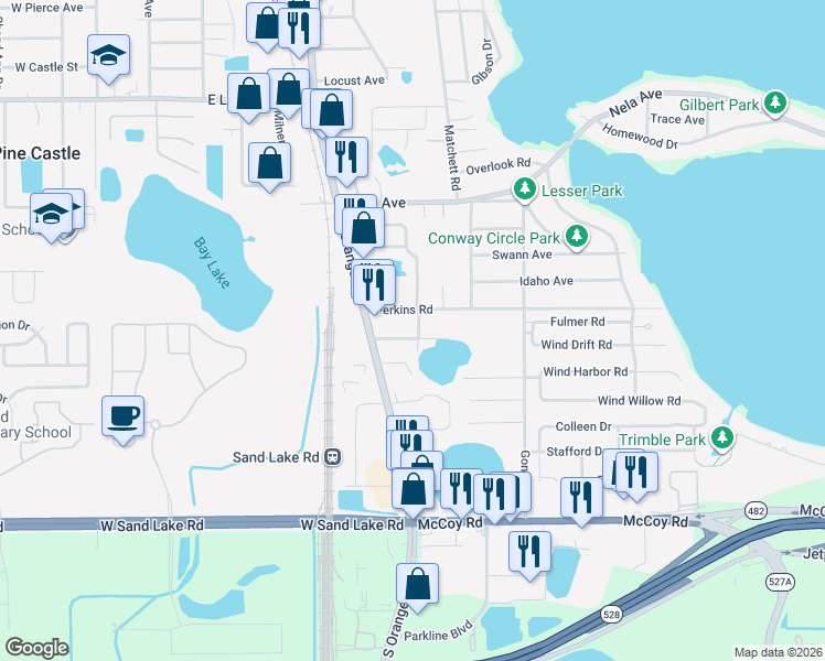 map of restaurants, bars, coffee shops, grocery stores, and more near 1210 Perkins Road in Orlando