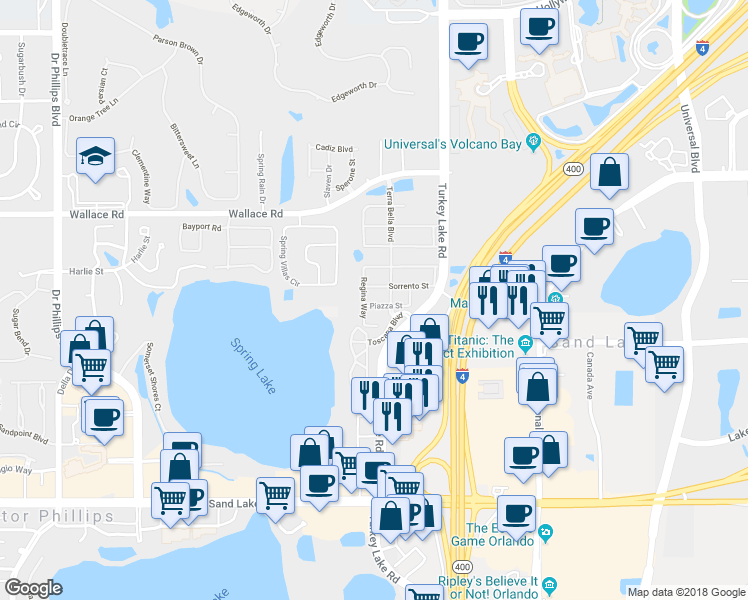 map of restaurants, bars, coffee shops, grocery stores, and more near 6965 Piazza Street in Orlando