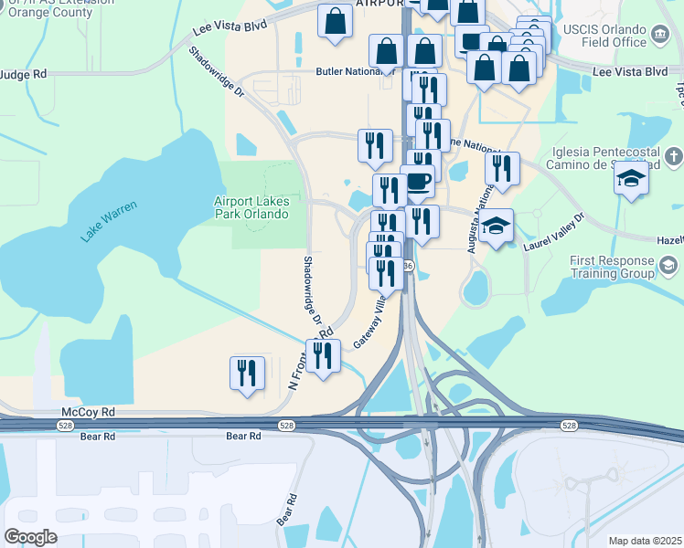 map of restaurants, bars, coffee shops, grocery stores, and more near 7200 North Frontage Road in Orlando