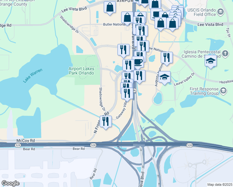 map of restaurants, bars, coffee shops, grocery stores, and more near 7200 North Frontage Road in Orlando