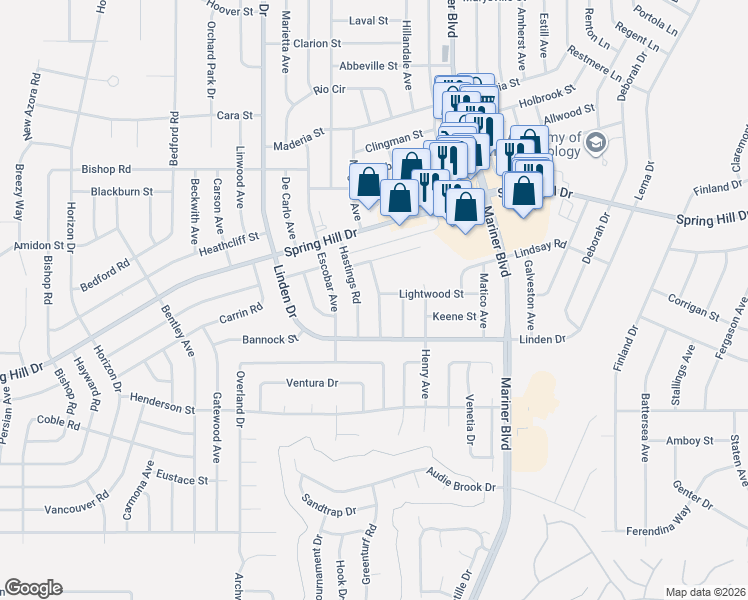 map of restaurants, bars, coffee shops, grocery stores, and more near 1445 Hathaway Avenue in Spring Hill