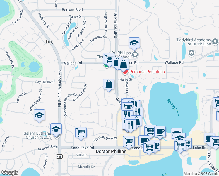 map of restaurants, bars, coffee shops, grocery stores, and more near 7815 Sugar Brook Court in Orlando