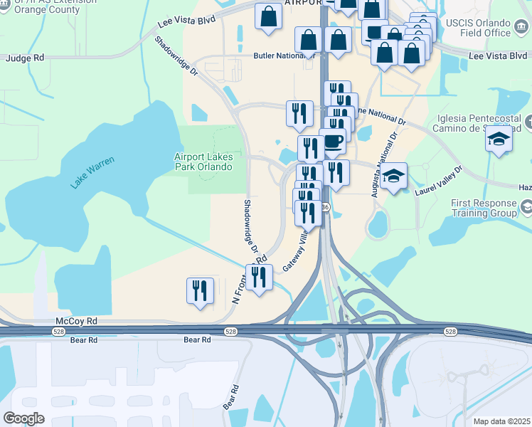 map of restaurants, bars, coffee shops, grocery stores, and more near 7200 North Frontage Road in Orlando