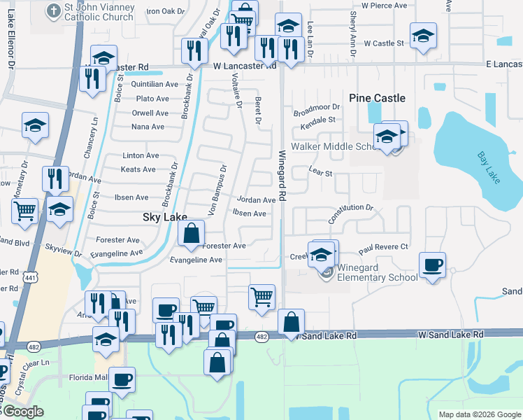 map of restaurants, bars, coffee shops, grocery stores, and more near 712 Jordan Avenue in Orlando