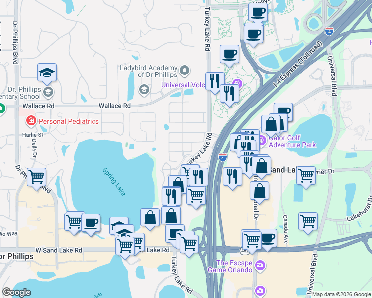 map of restaurants, bars, coffee shops, grocery stores, and more near 6874 Sorrento Street in Orlando