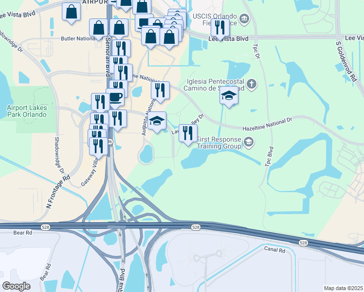 map of restaurants, bars, coffee shops, grocery stores, and more near 7453 T G Lee Boulevard in Orlando