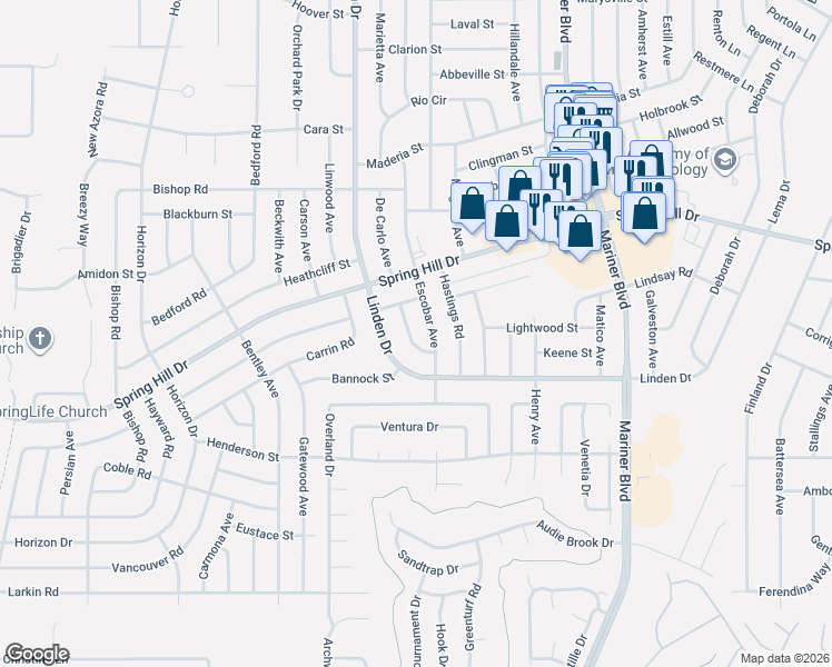 map of restaurants, bars, coffee shops, grocery stores, and more near 1443 Gables Avenue in Spring Hill