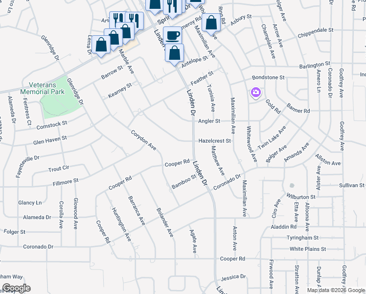 map of restaurants, bars, coffee shops, grocery stores, and more near 13114 Hazelcrest Street in Spring Hill