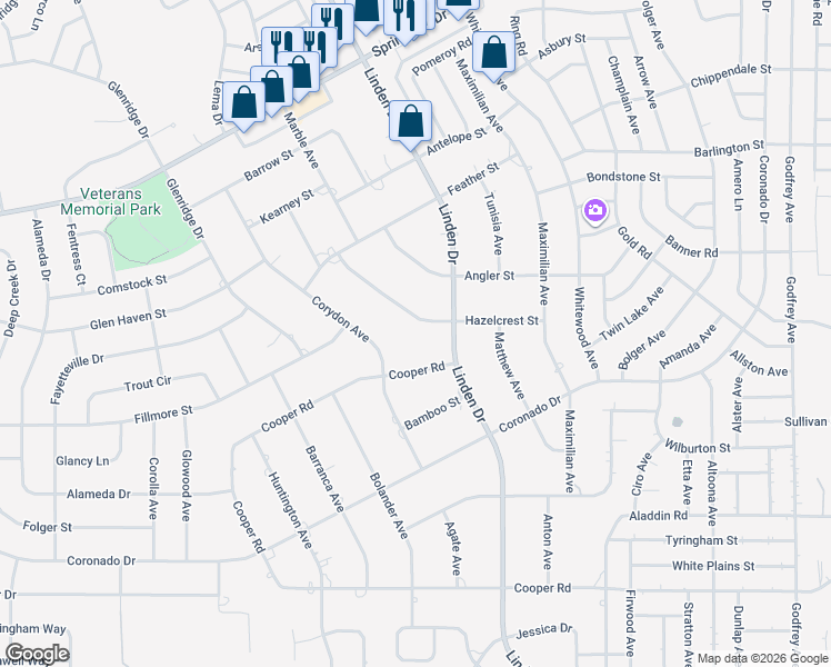map of restaurants, bars, coffee shops, grocery stores, and more near 13114 Hazelcrest Street in Spring Hill
