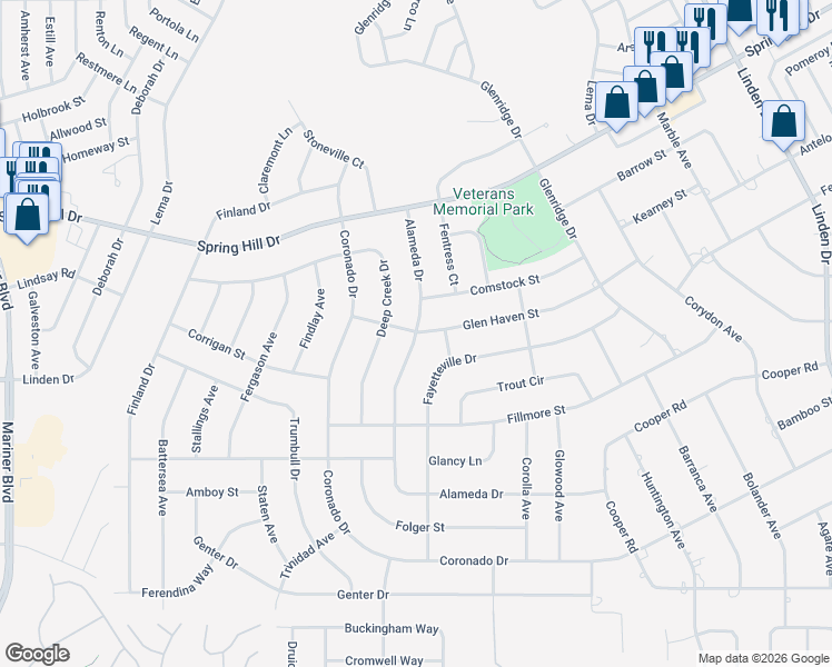 map of restaurants, bars, coffee shops, grocery stores, and more near 1659 Alameda Drive in Spring Hill