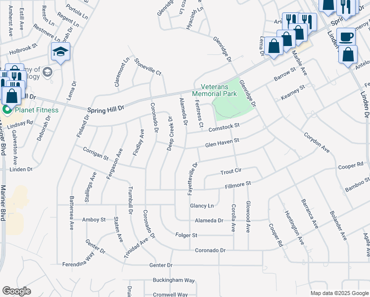 map of restaurants, bars, coffee shops, grocery stores, and more near Alameda Drive in Spring Hill