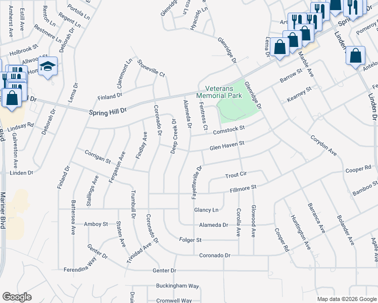 map of restaurants, bars, coffee shops, grocery stores, and more near Alameda Drive in Spring Hill