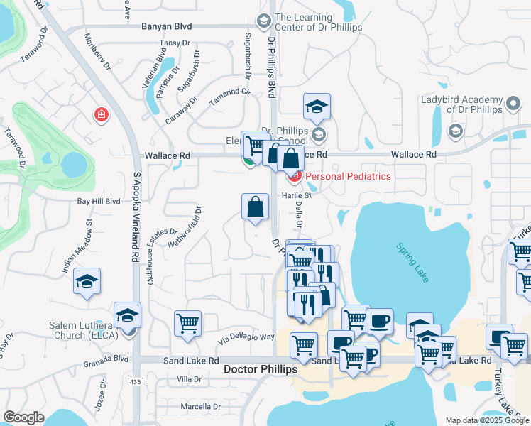 map of restaurants, bars, coffee shops, grocery stores, and more near 7815 Sugar Brook Court in Orlando