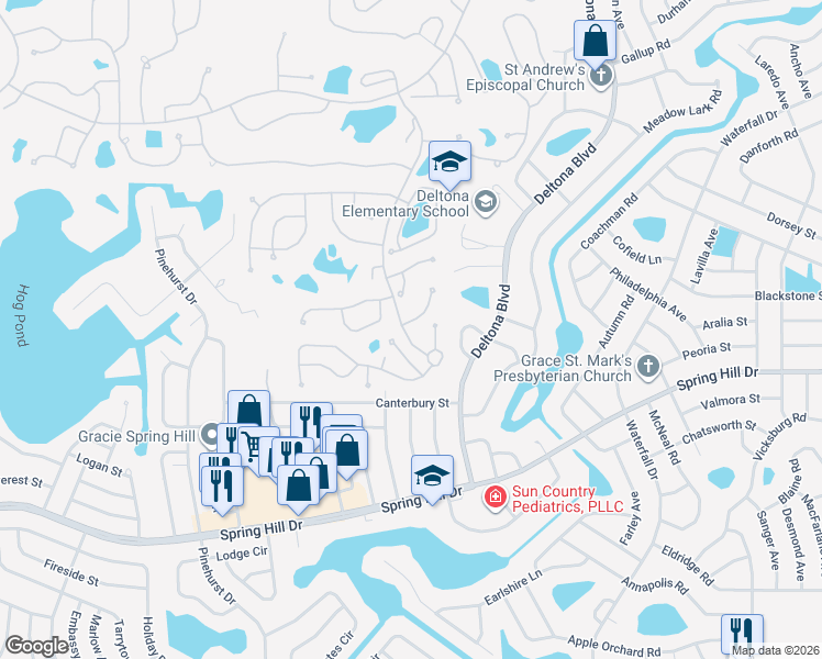 map of restaurants, bars, coffee shops, grocery stores, and more near 1418 Willow Creek Terrace in Spring Hill