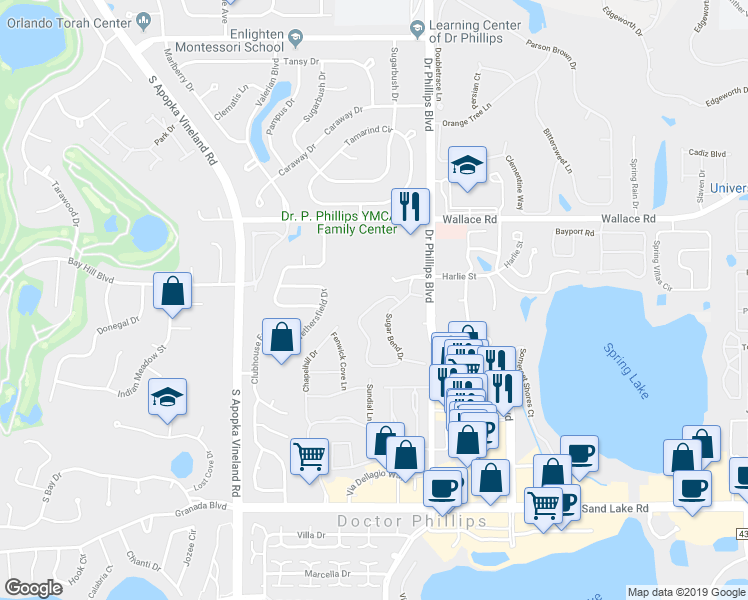 map of restaurants, bars, coffee shops, grocery stores, and more near 7853 Sugar Bend Drive in Orlando