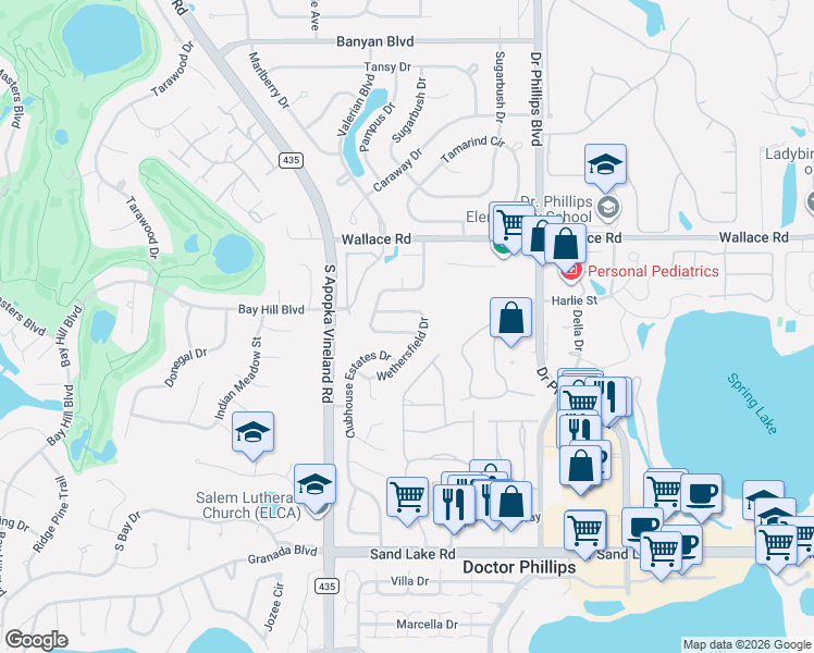map of restaurants, bars, coffee shops, grocery stores, and more near 7410 Wethersfield Drive in Orlando