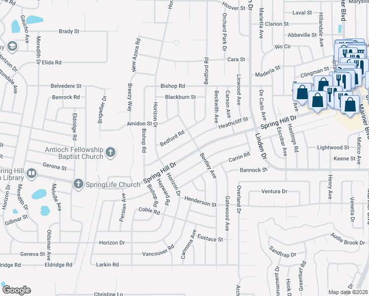 map of restaurants, bars, coffee shops, grocery stores, and more near 10132 Heathcliff St in Spring Hill