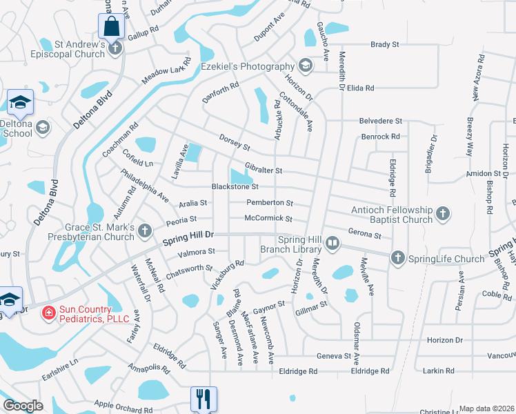 map of restaurants, bars, coffee shops, grocery stores, and more near 9050 Pemberton Street in Spring Hill