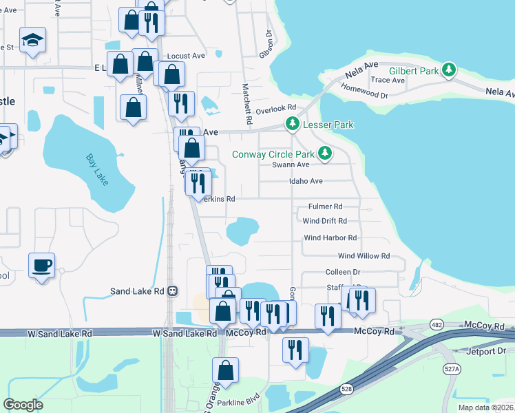 map of restaurants, bars, coffee shops, grocery stores, and more near 1330 Perkins Road in Orlando