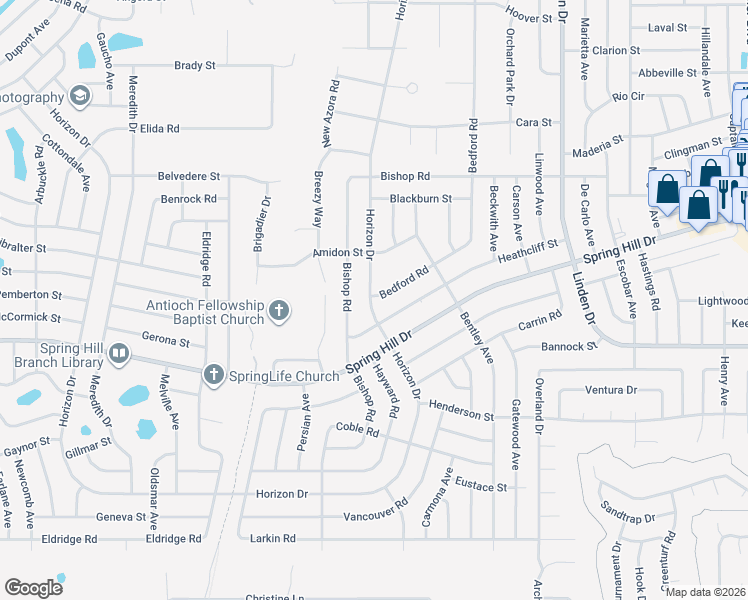 map of restaurants, bars, coffee shops, grocery stores, and more near 10377 Horizon Drive in Spring Hill