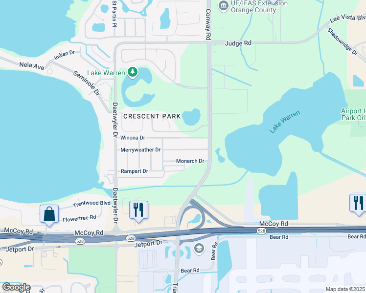 map of restaurants, bars, coffee shops, grocery stores, and more near 4015 Merryweather Drive in Orlando