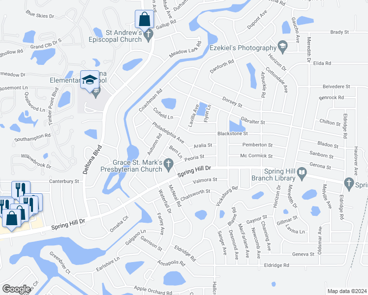 map of restaurants, bars, coffee shops, grocery stores, and more near 8410 Philadelphia Avenue in Spring Hill