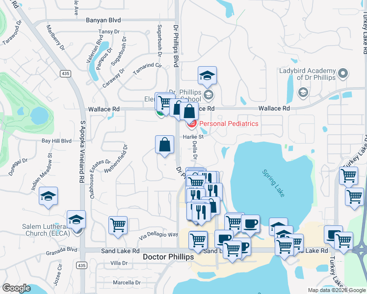 map of restaurants, bars, coffee shops, grocery stores, and more near 7214 Della Drive in Orlando