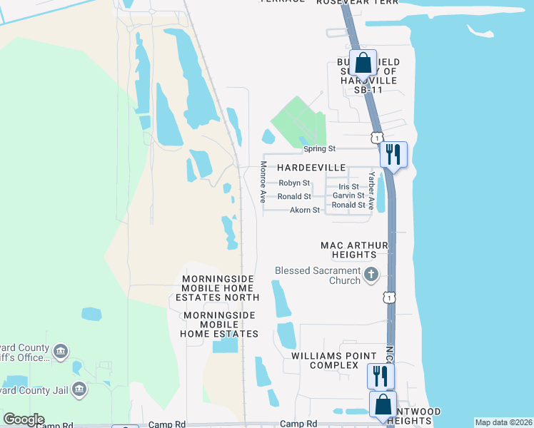 map of restaurants, bars, coffee shops, grocery stores, and more near 399 Akorn St in Cocoa