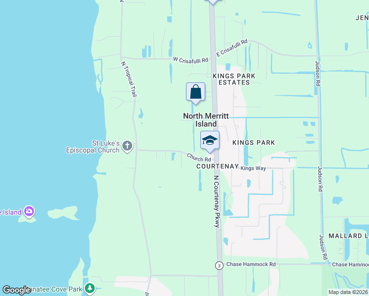 map of restaurants, bars, coffee shops, grocery stores, and more near 178 Church Road in Merritt Island