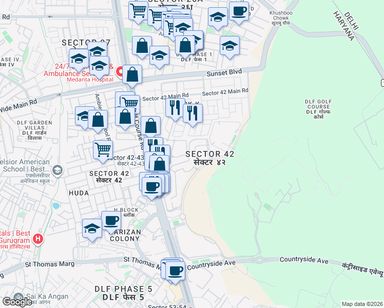 map of restaurants, bars, coffee shops, grocery stores, and more near Golf Course Road in Gurugram